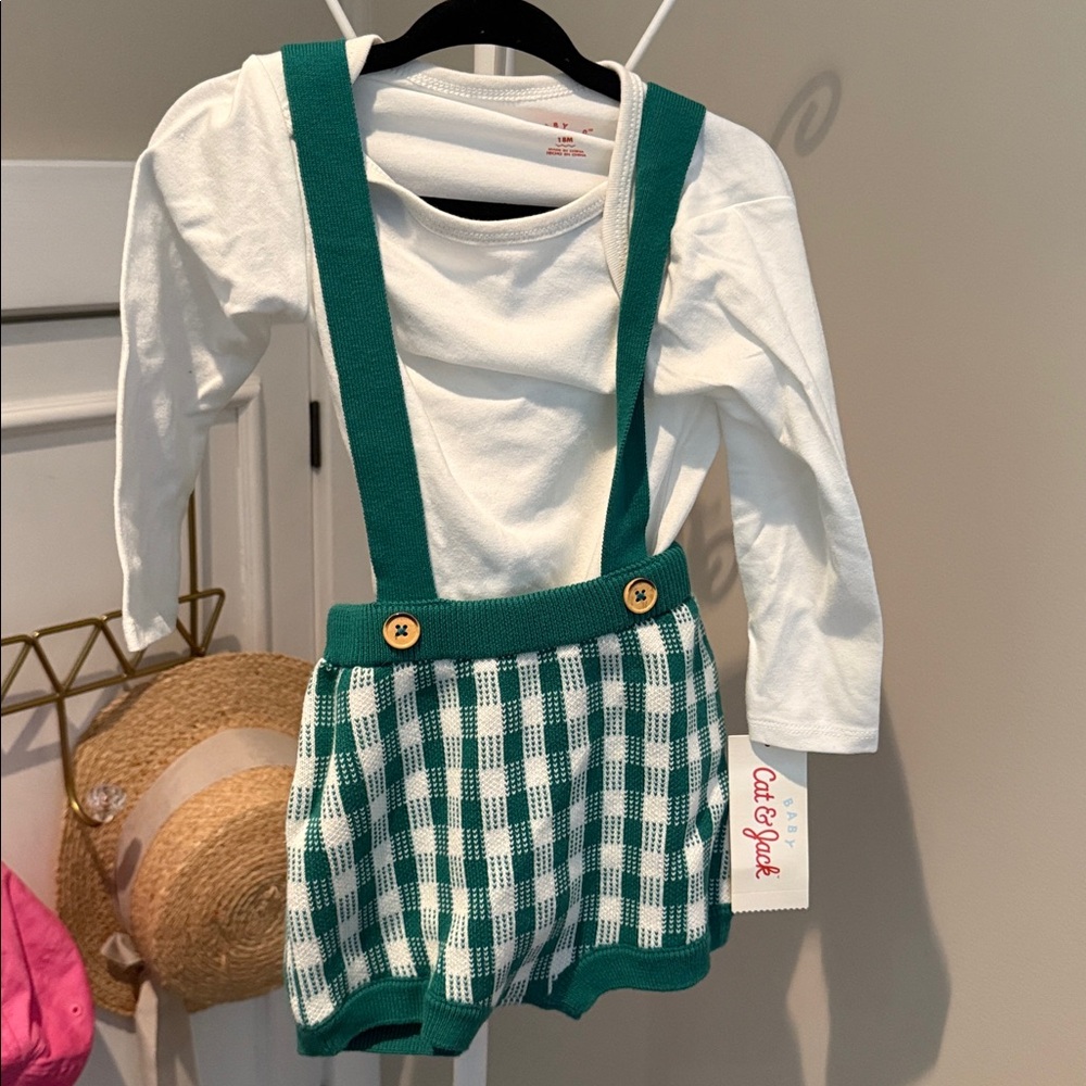 Cat & Jack Green and White Plaid Suspender Outfit